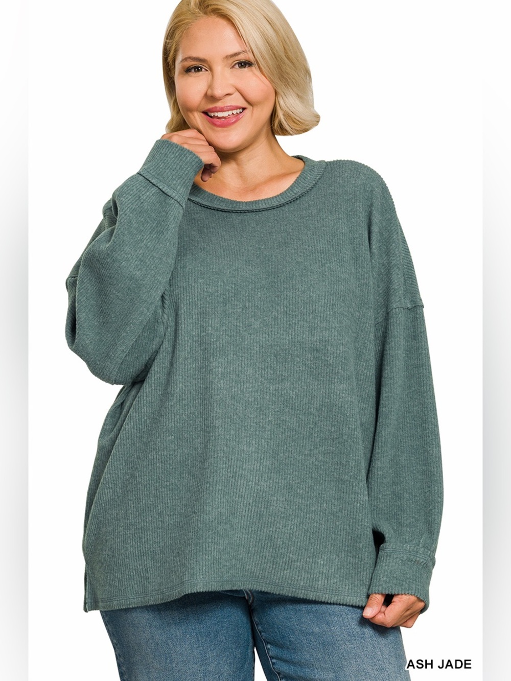 ZC6 Zenana Plus Cozy Ribbed Hacci Exposed Seam Light Weight - Ash Jade Green